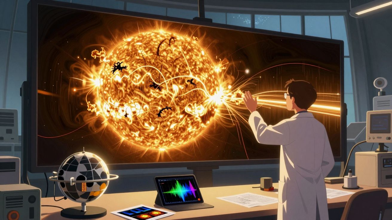 Cientista observa simulação digital detalhada do Sol com atividade solar intensa em laboratório moderno.