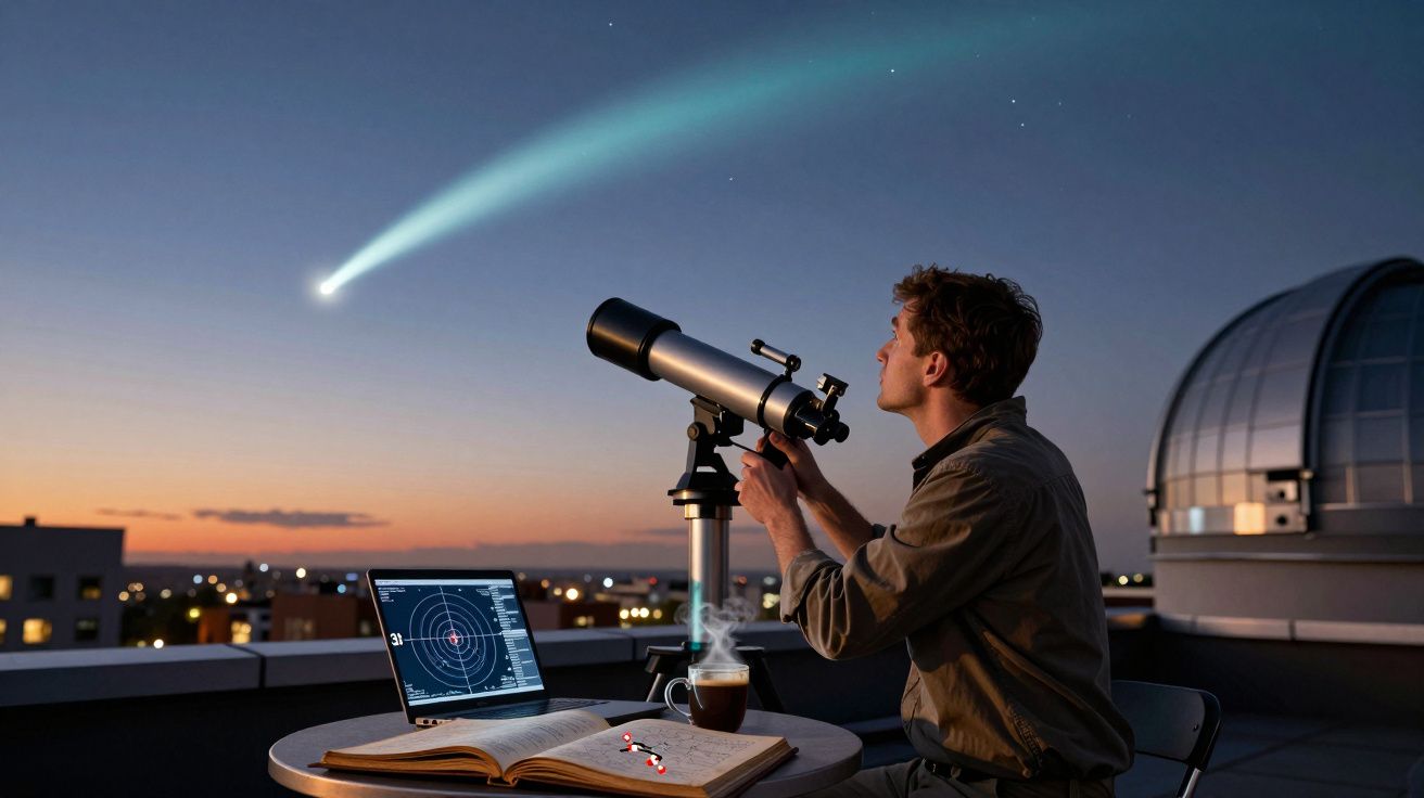 Homem observa com telescópio um cometa no céu ao anoitecer, com laptop e livro aberto em uma mesa.