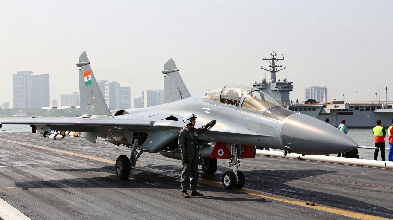 Caça militar estacionado em porta-aviões com homem fardado ao lado e prédios ao fundo.