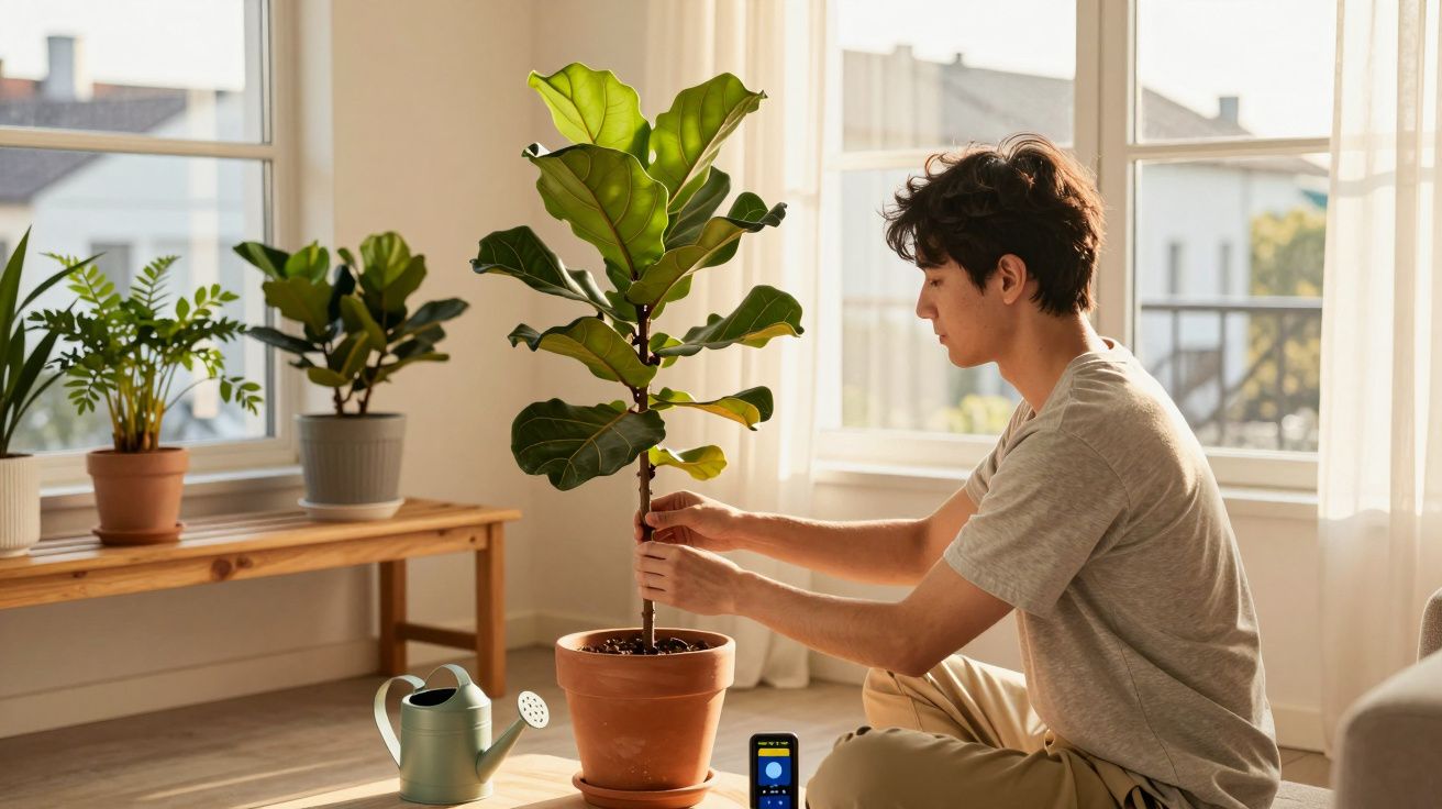 Jovem cuidando de planta em vaso dentro de sala iluminada com regador e monitor de umidade no chão.