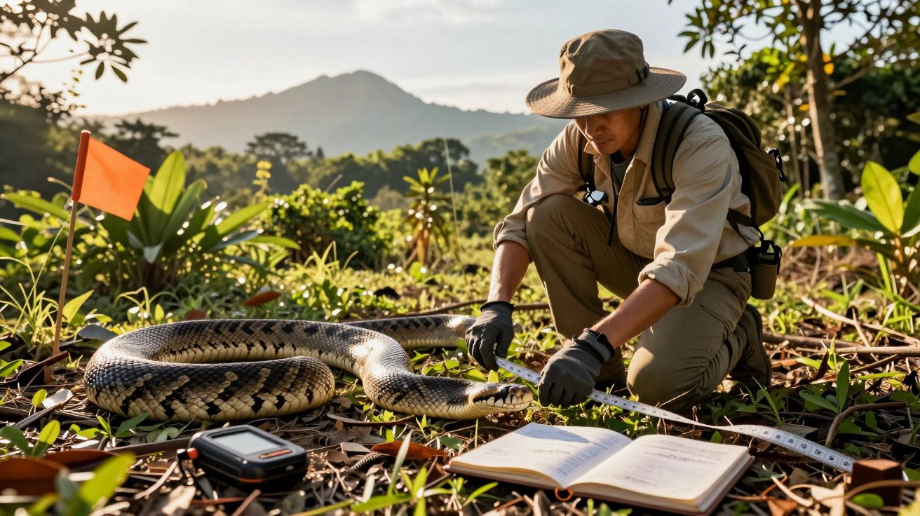 Biólogo medindo serpente grande com fita métrica em área aberta, cercado por plantas e caderno aberto.