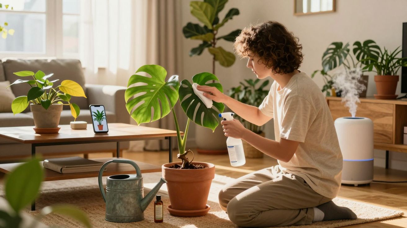 Pessoa limpando folhas de planta em vaso em ambiente interno com diversas plantas ao redor e luz natural.