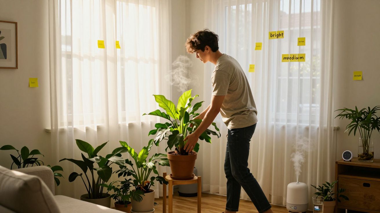 Jovem cuidando de plantas em vaso dentro de apartamento com cortinas brancas e luz natural.