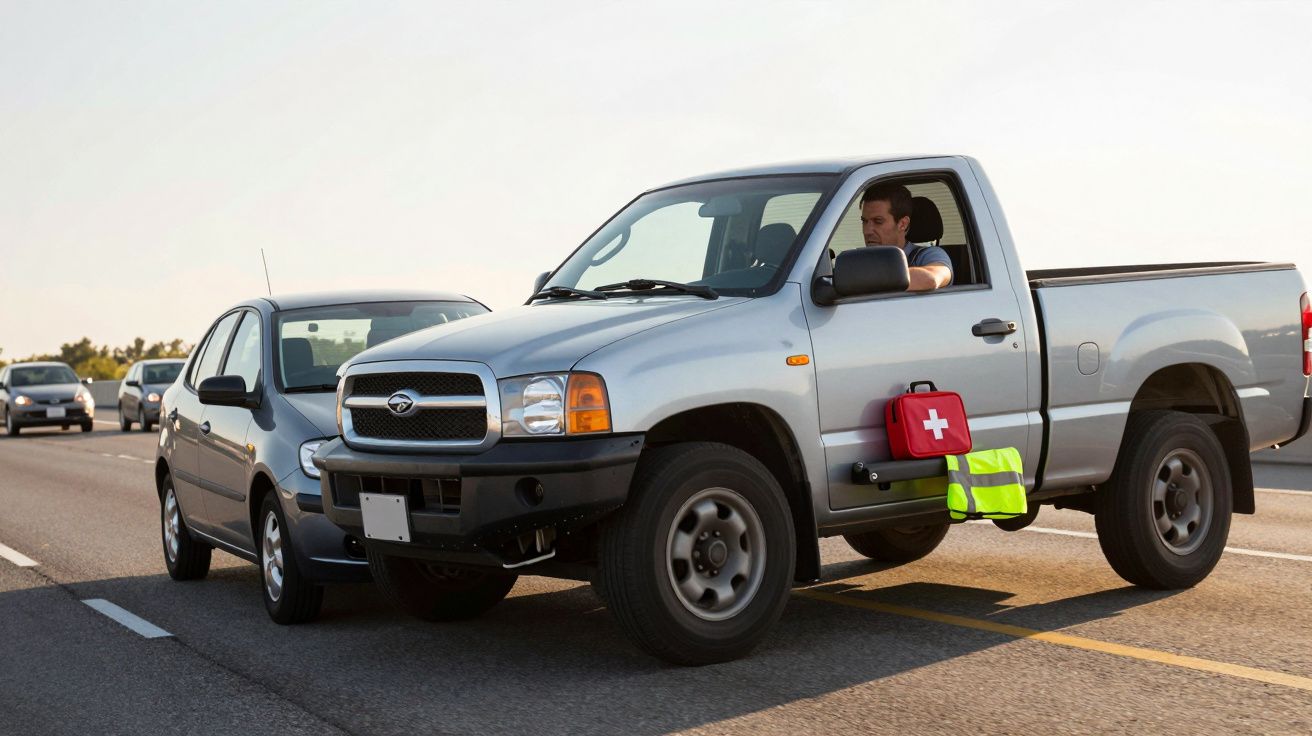 Homem em caminhonete prata estacionada atrás de carro preto em estrada ensolarada.