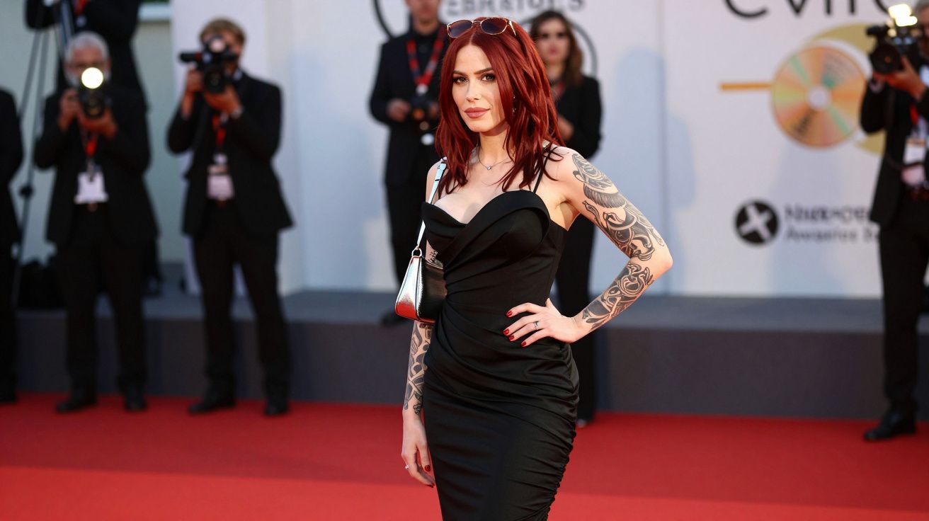 Mulher com vestido preto e cabelos vermelhos posa no tapete vermelho com fotógrafos ao fundo.