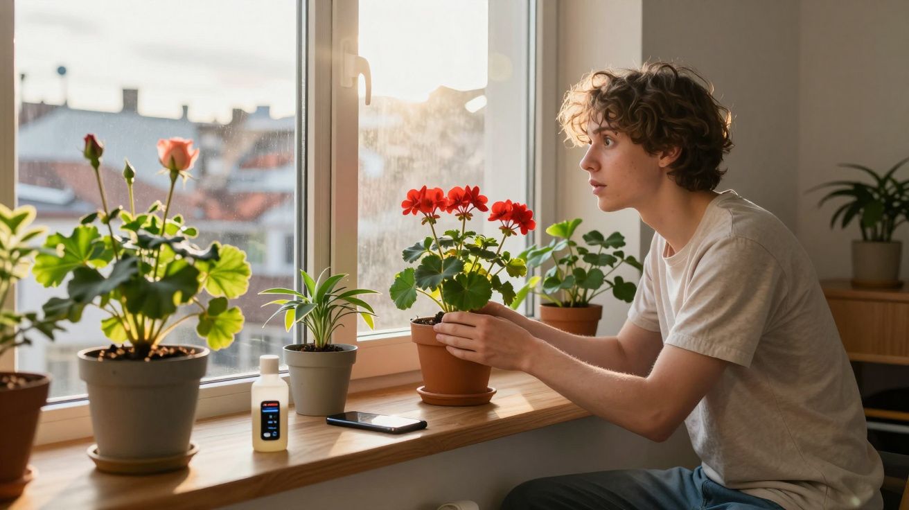Jovem cuidando de planta com flores vermelhas em vaso próximo à janela iluminada pelo sol.