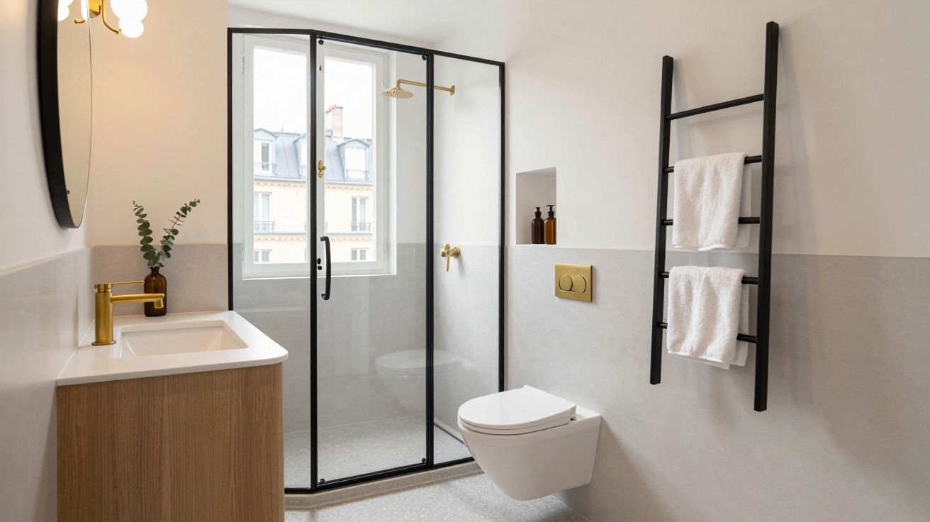 Banheiro moderno com box de vidro preto, pia com torneira dourada e toalhas brancas em suporte preto.