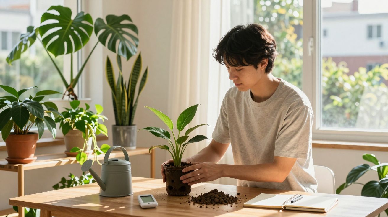 Pessoa transplantando planta em vaso dentro de casa com plantas ao redor em ambiente iluminado pelo sol.