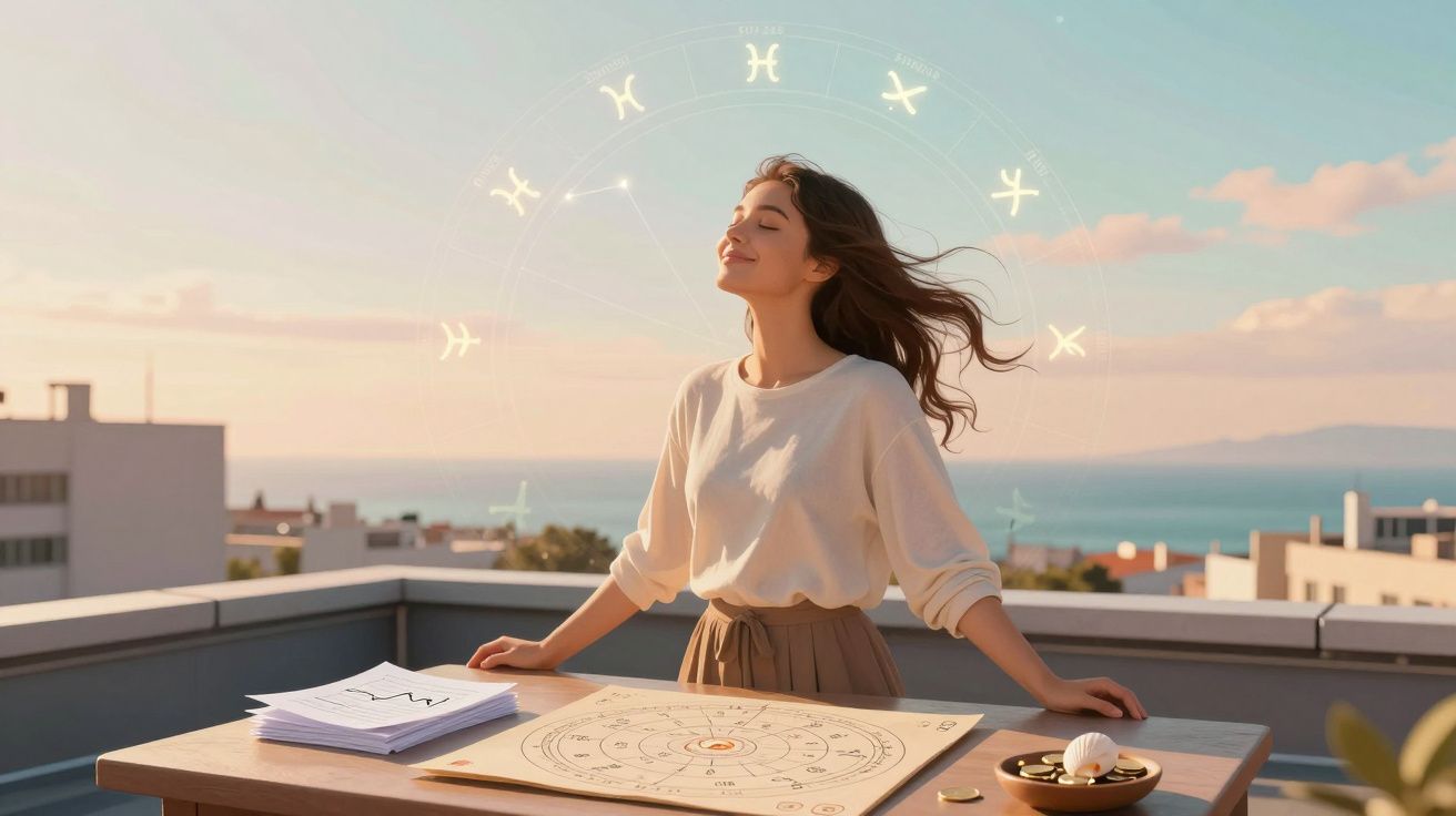 Mulher sorridente em varanda com mapa astral e símbolos do zodíaco ao redor da cabeça.