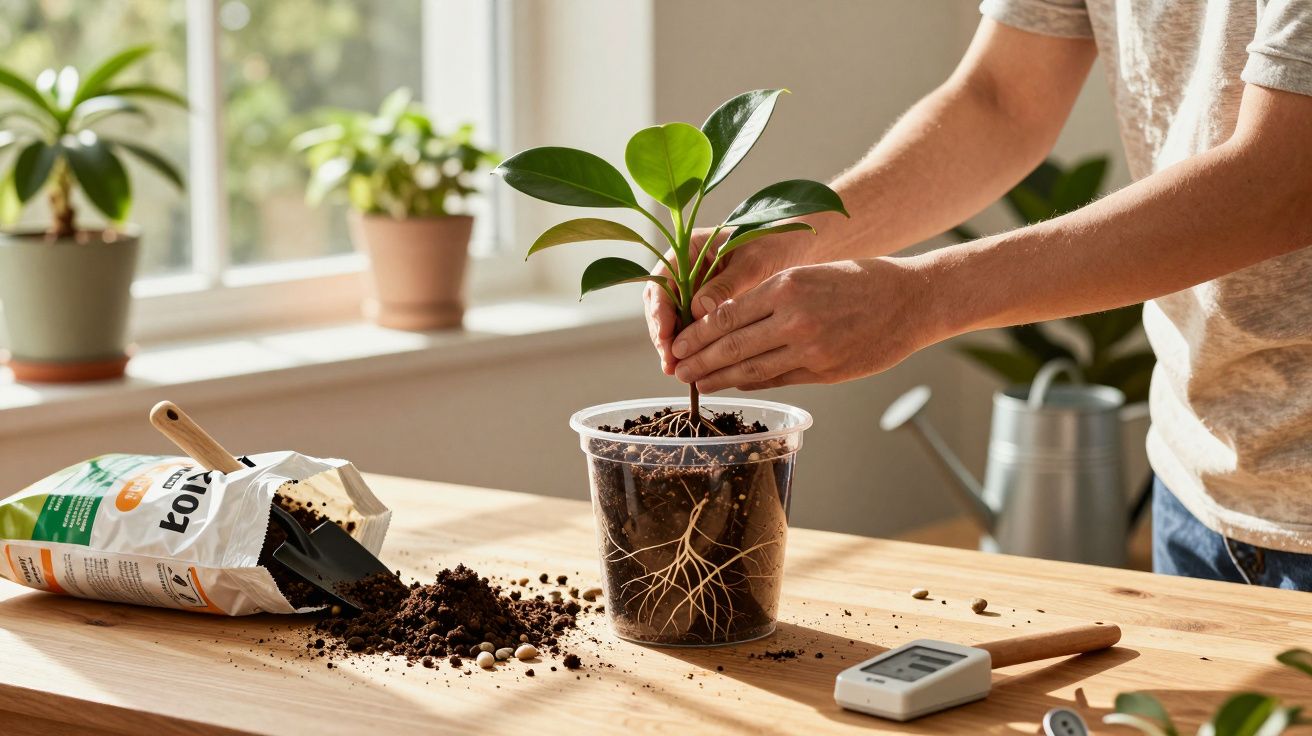 Pessoa transplantando muda em vaso transparente com raízes visíveis sobre mesa de madeira.