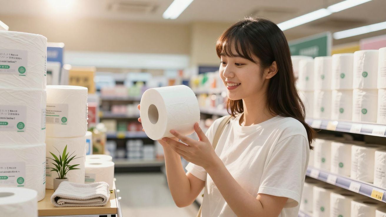 Mulher sorridente segurando um rolo de papel higiênico em supermercado com prateleiras ao fundo.