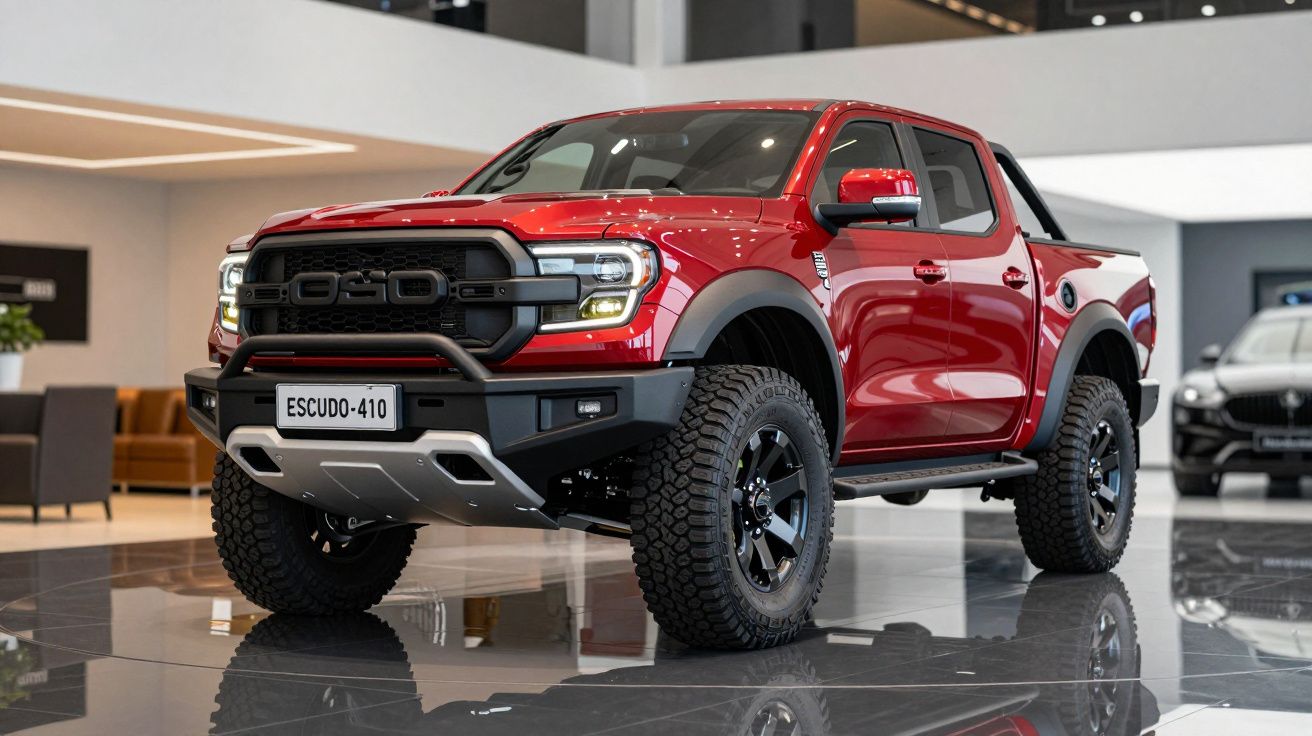 Picape vermelha robusta modelo Escudo-410 em showroom com pneus off-road e proteção frontal preta.