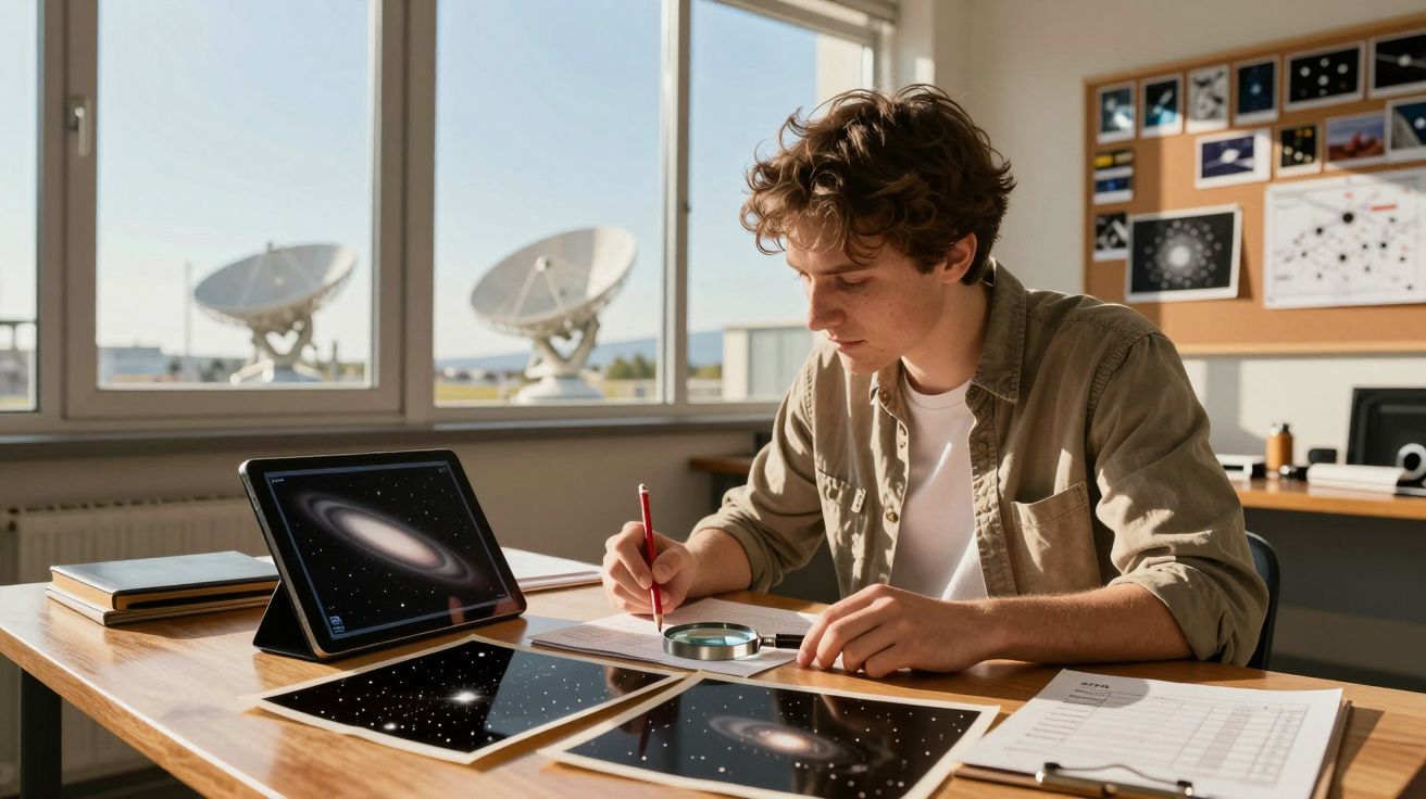 Jovem estudando imagens do espaço em mesa com tablet, folhetos e antenas parabólicas ao fundo.