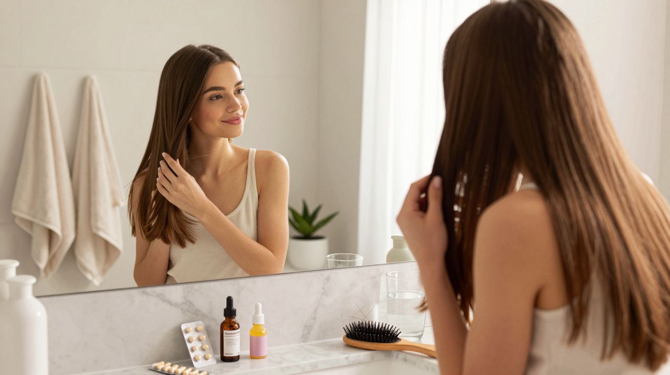 Mulher sorrindo arrumando o cabelo em frente ao espelho no banheiro com produtos sobre a pia.
