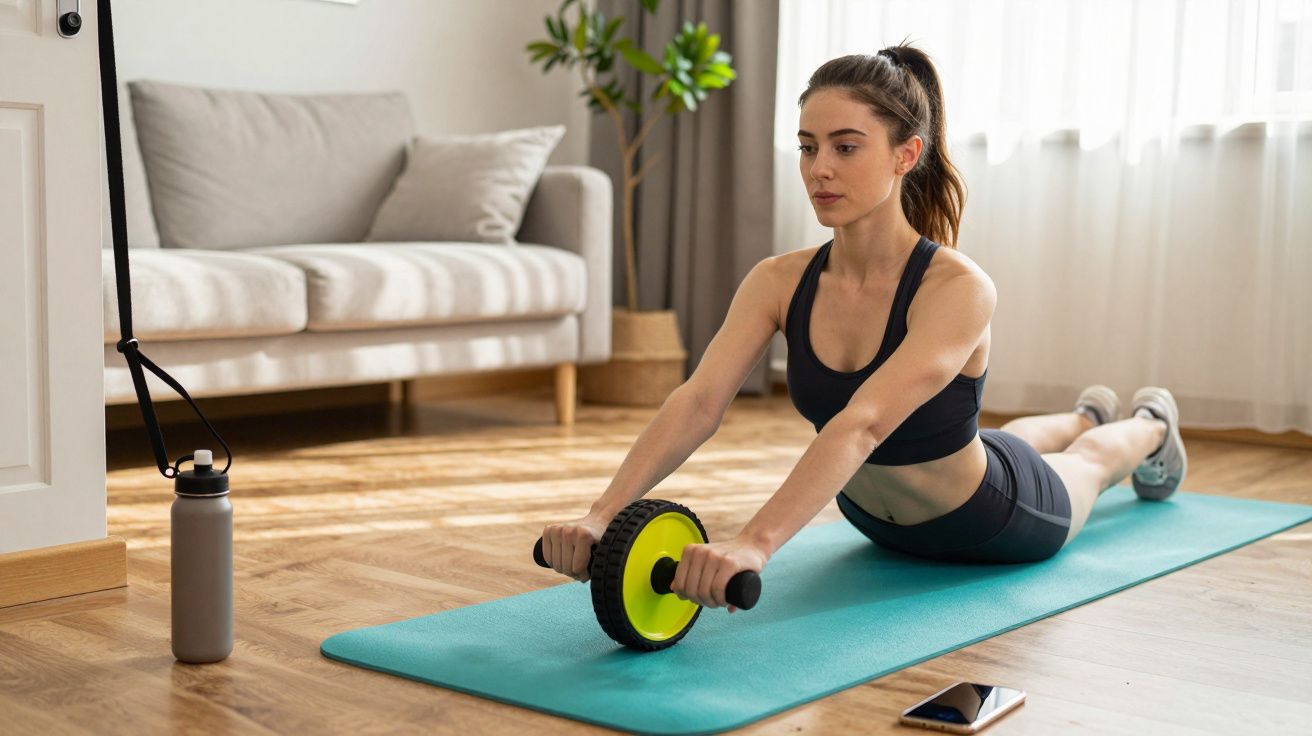 Mulher jovem exercitando com roda de abdominal em tapete azul na sala iluminada por janela.
