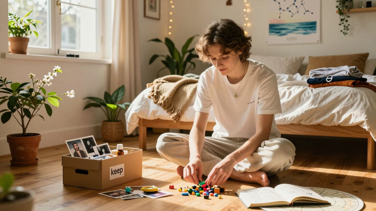 Pessoa sentada no chão brincando com blocos de montar em quarto iluminado e plantas ao redor.