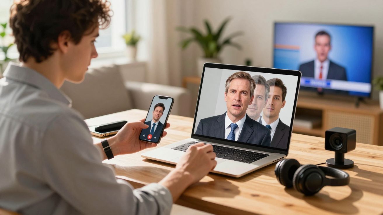 Jovem em videochamadas simultâneas, usando laptop e smartphone em mesa com fones e câmera.