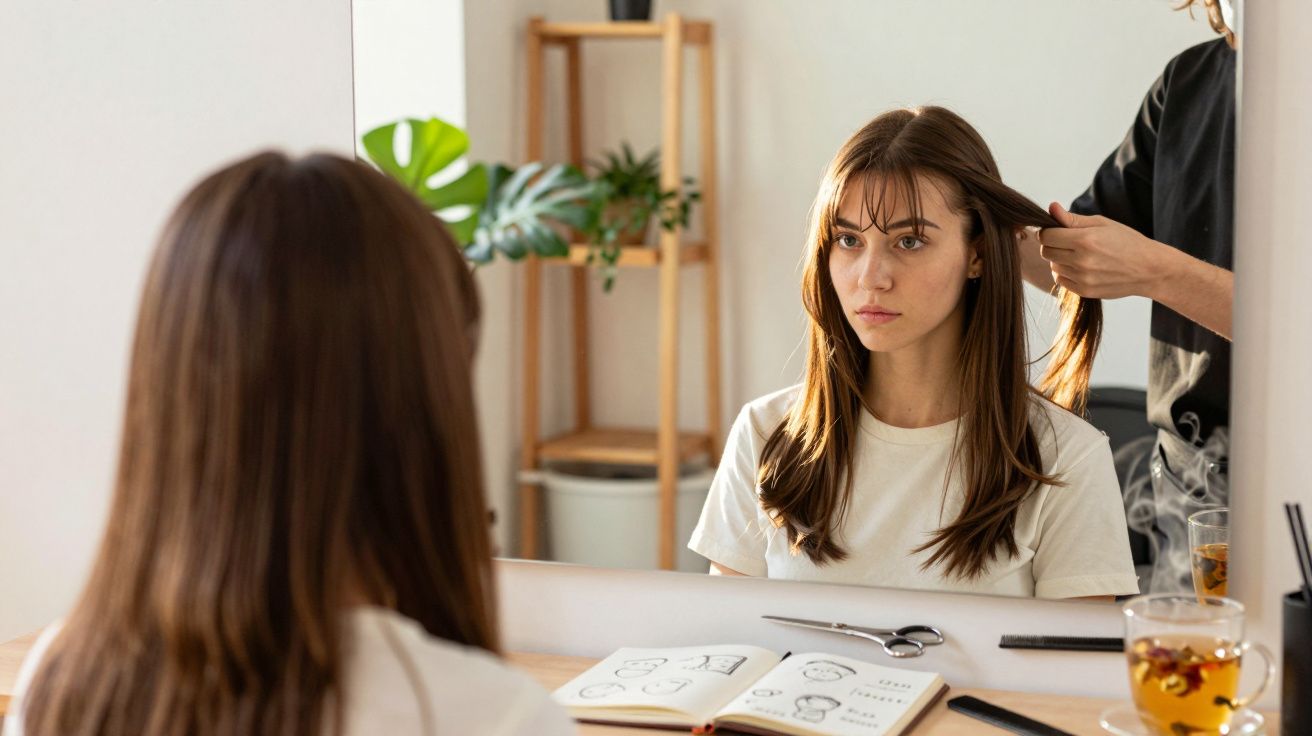 Mulher olhando seu cabelo no espelho enquanto é penteada, com livro e xícara sobre a mesa.