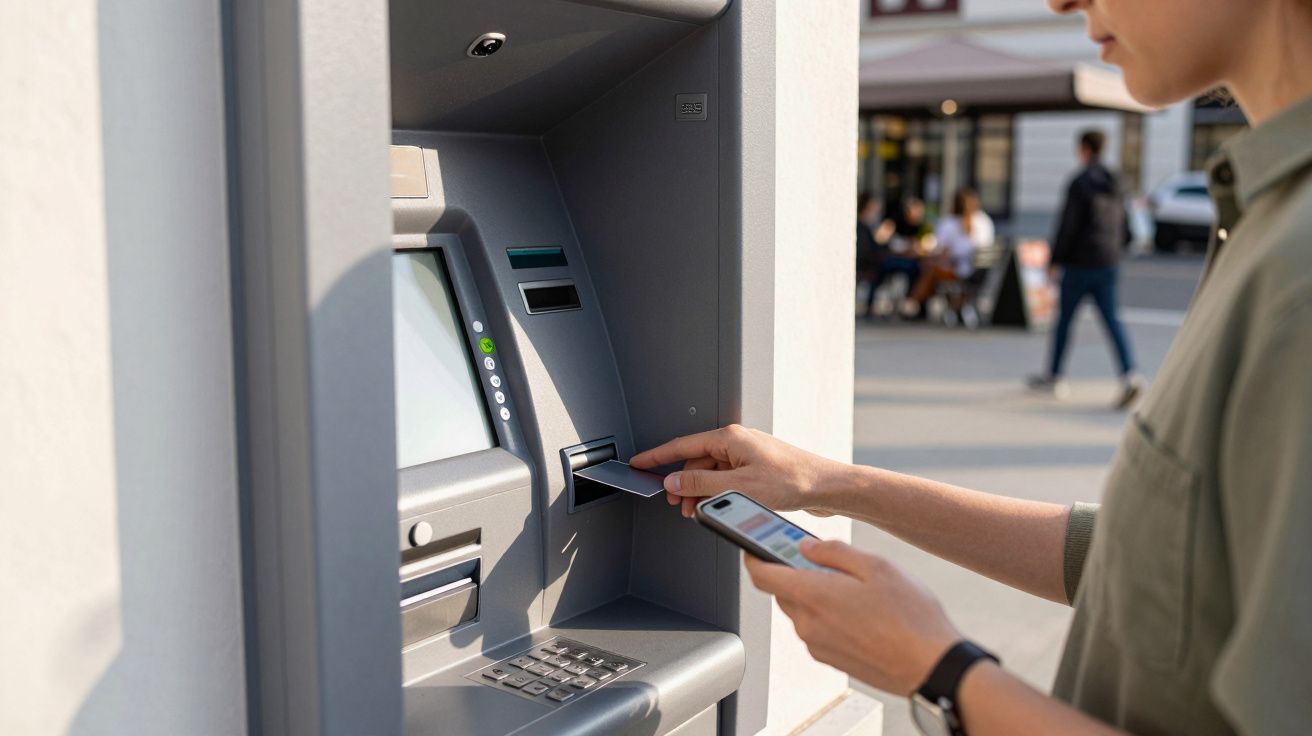 Pessoa inserindo cartão em caixa eletrônico ao ar livre, segurando celular na outra mão.