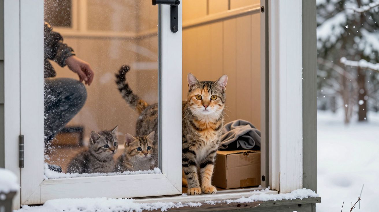 Gato adulto e dois filhotes observam pela porta de vidro, com neve do lado de fora.