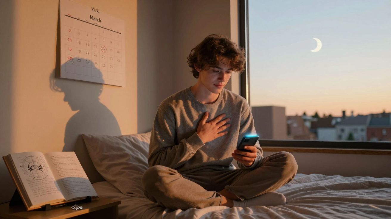 Jovem sentado na cama ao entardecer, olhando para celular com mão no peito, calendário e livro ao lado.