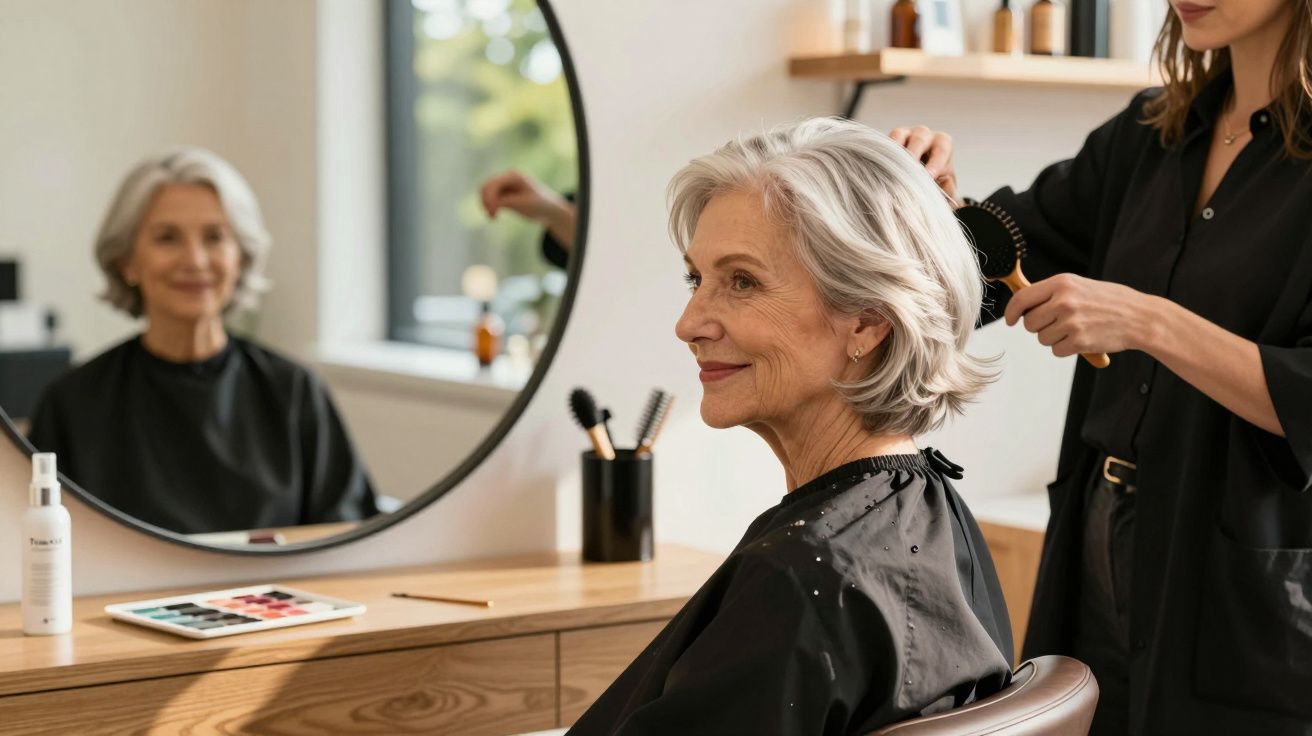 Mulher idosa sorrindo enquanto cabeleireira penteia seu cabelo em salão moderno com espelho redondo.