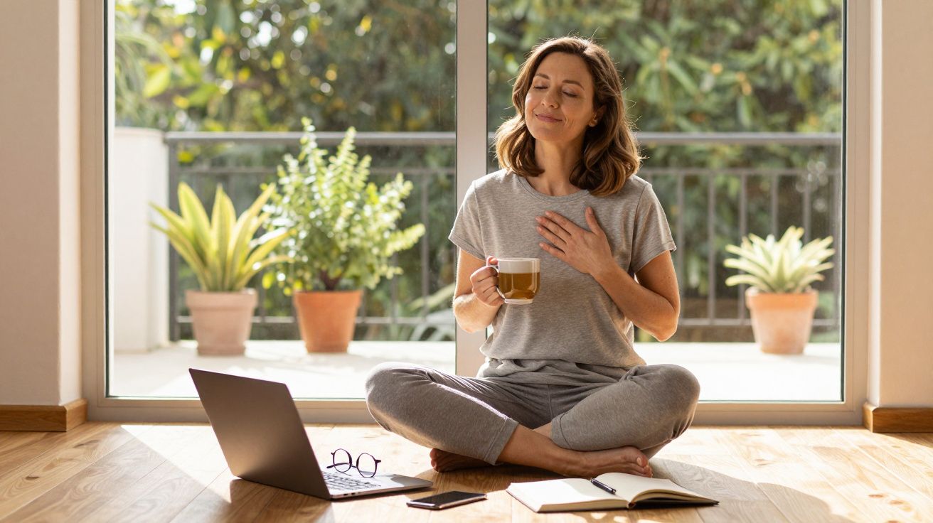 Mulher sentada no chão, de pernas cruzadas, segurando caneca e com olhos fechados, ao lado de notebook e caderno.