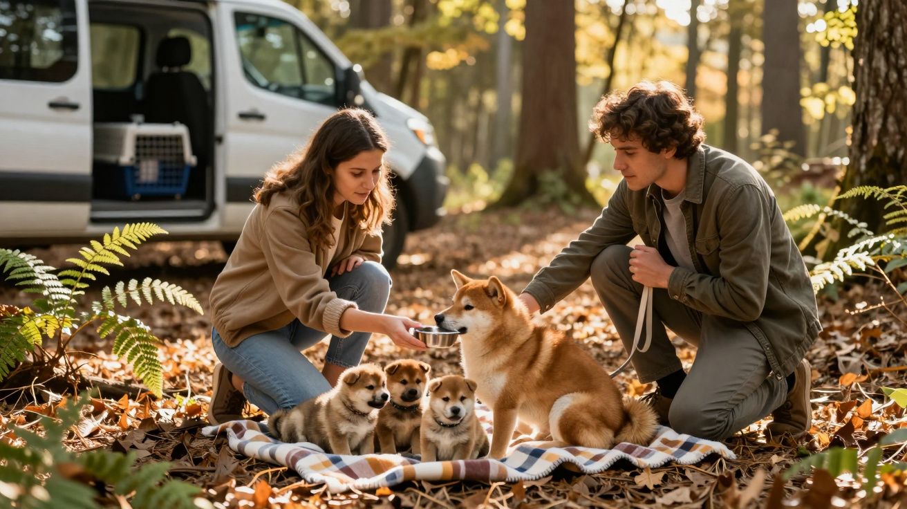 Casal alimenta cachorro adulto e três filhotes em manta na floresta com van ao fundo.