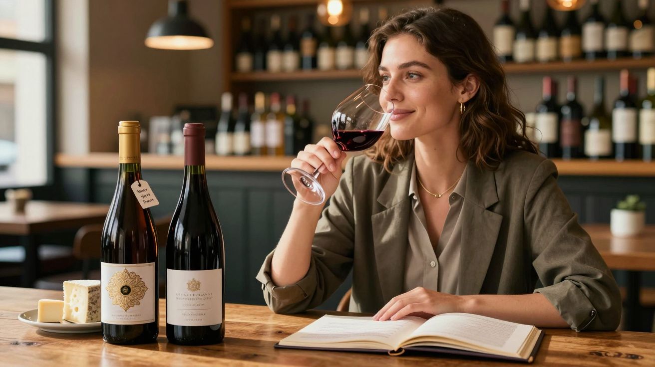 Mulher sentada degustando vinho tinto, com dois vinhos e queijo sobre mesa de madeira em ambiente acolhedor.
