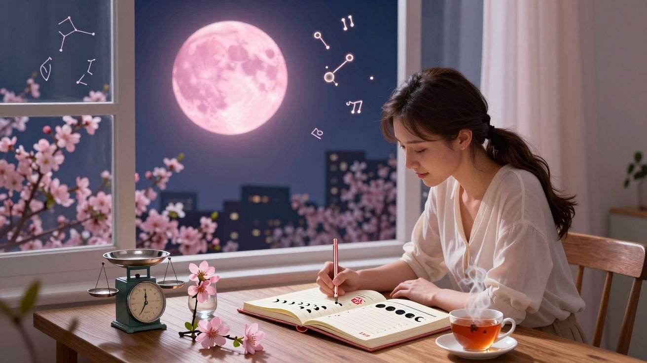 Mulher estudando fases da lua com flores e xícara de chá à noite, com lua cheia e constelações visíveis.