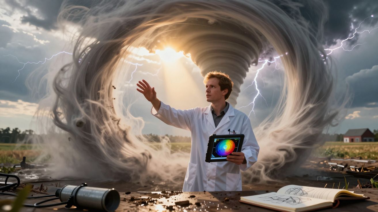 Cientista com jaleco controla tornado ao ar livre, com relâmpagos e equipamentos em mesa próxima.
