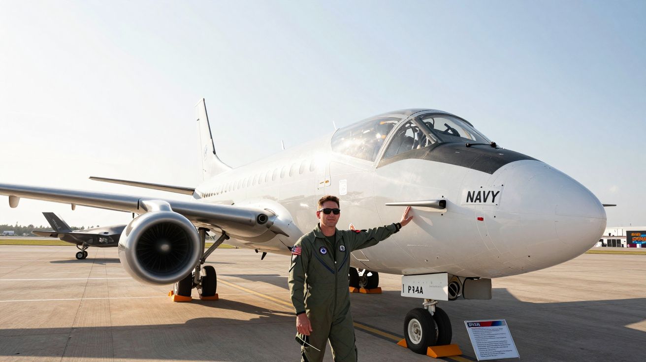 Piloto militar em uniforme verde posa ao lado de avião branco da Marinha em pista ensolarada