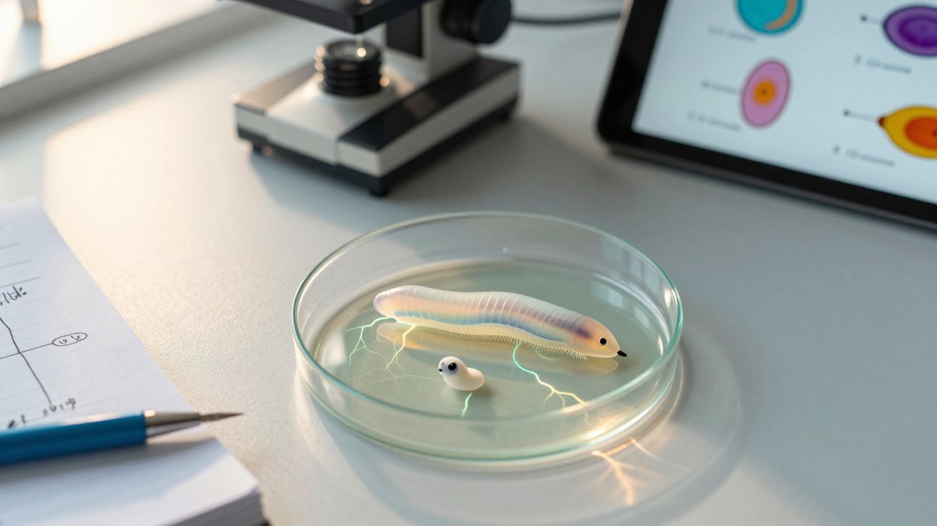 Placa de Petri com larvas em bancada de laboratório, ao lado de caderno, caneta, microscópio e tablet.