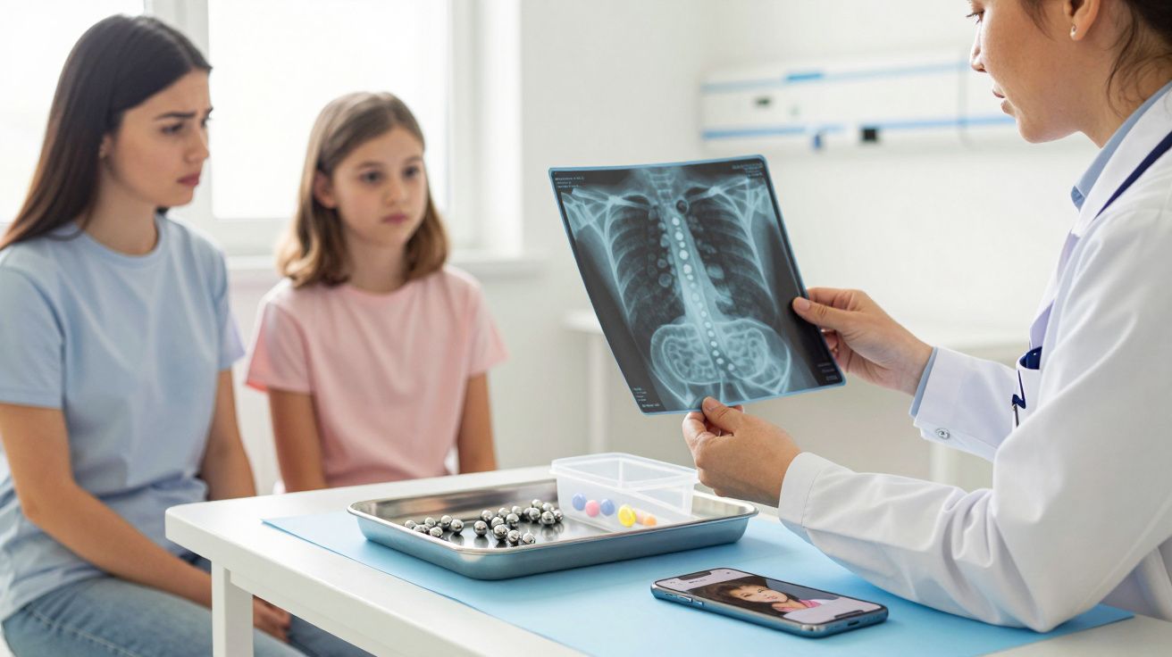 Médica mostra radiografia para mãe e filha em consulta médica com medicamentos sobre a mesa do consultório.
