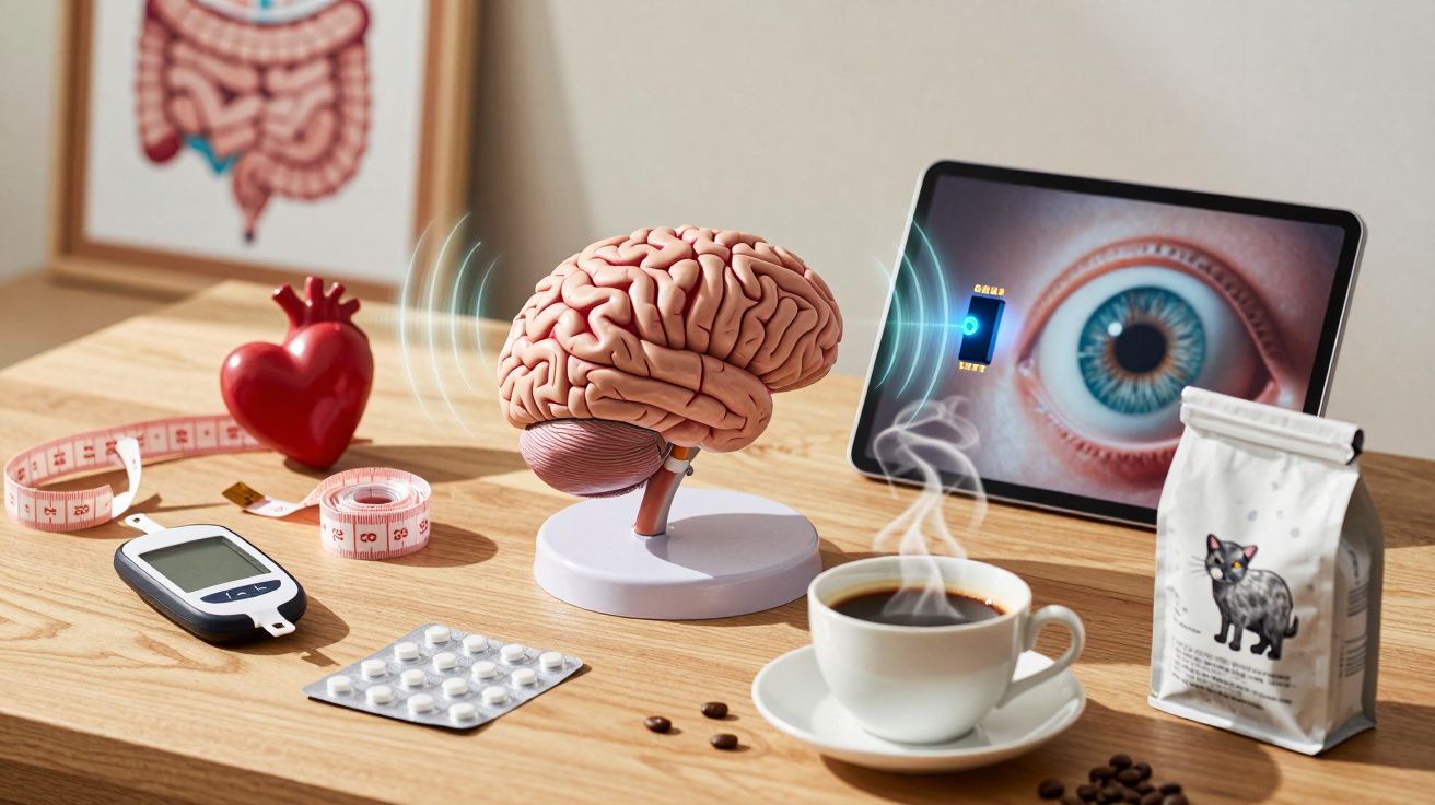 Mesa com modelo de cérebro, monitoramento de olho em tablet, medidor glicêmico, comprimidos, café e fita métrica.