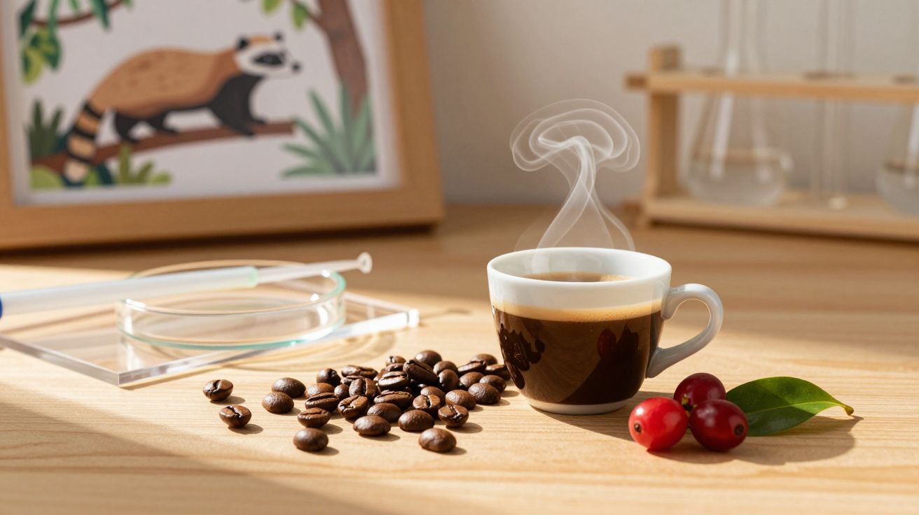 Xícara de café quente com fumaça, grãos e frutos de café sobre mesa de madeira iluminada.