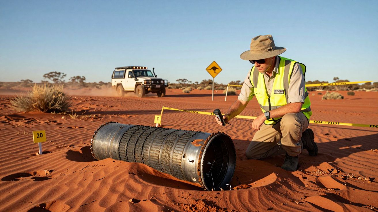 Homem em colete refletivo examina destroço metálico enterrado na areia vermelha do deserto, com veículo ao fundo.
