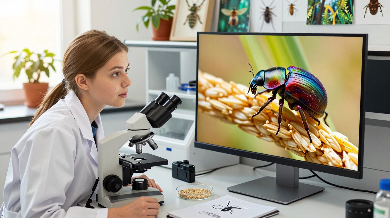 Cientista observa microscópio com imagem ampliada de besouro colorido em tela no laboratório.