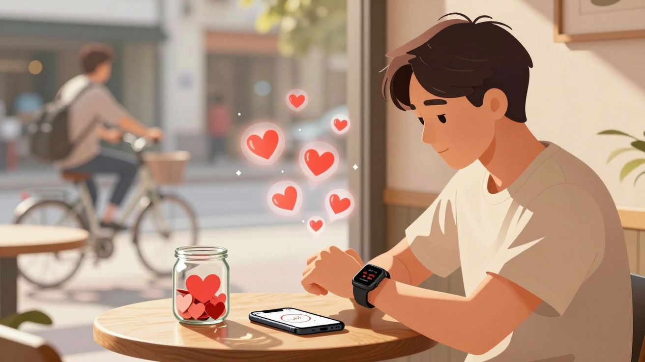 Jovem sentado em café olhando relógio inteligente com corações saindo de pote na mesa ao lado do celular.