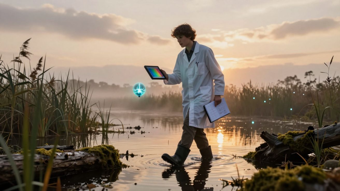 Pesquisador em jaleco branco com tablet e caderno caminha em corpo d'água ao entardecer em área alagada.