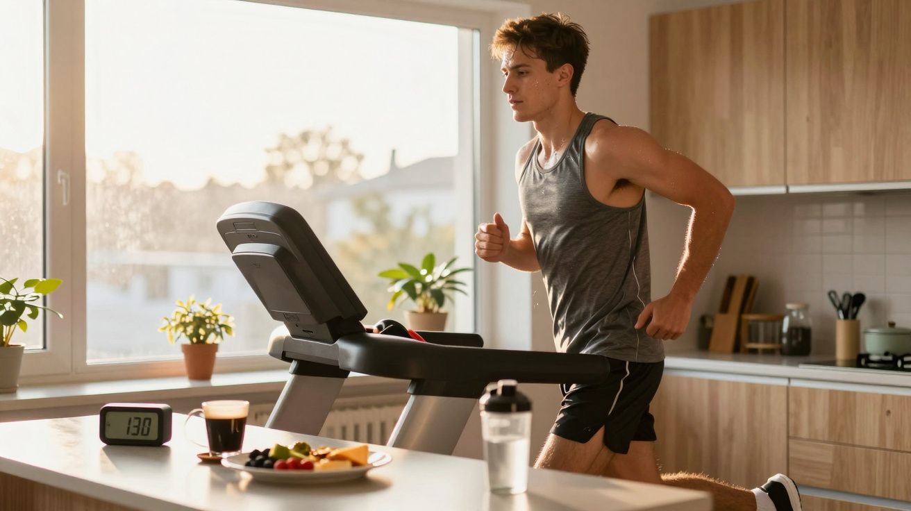 Jovem correndo na esteira em cozinha iluminada com janela grande ao fundo e plantas na janela.