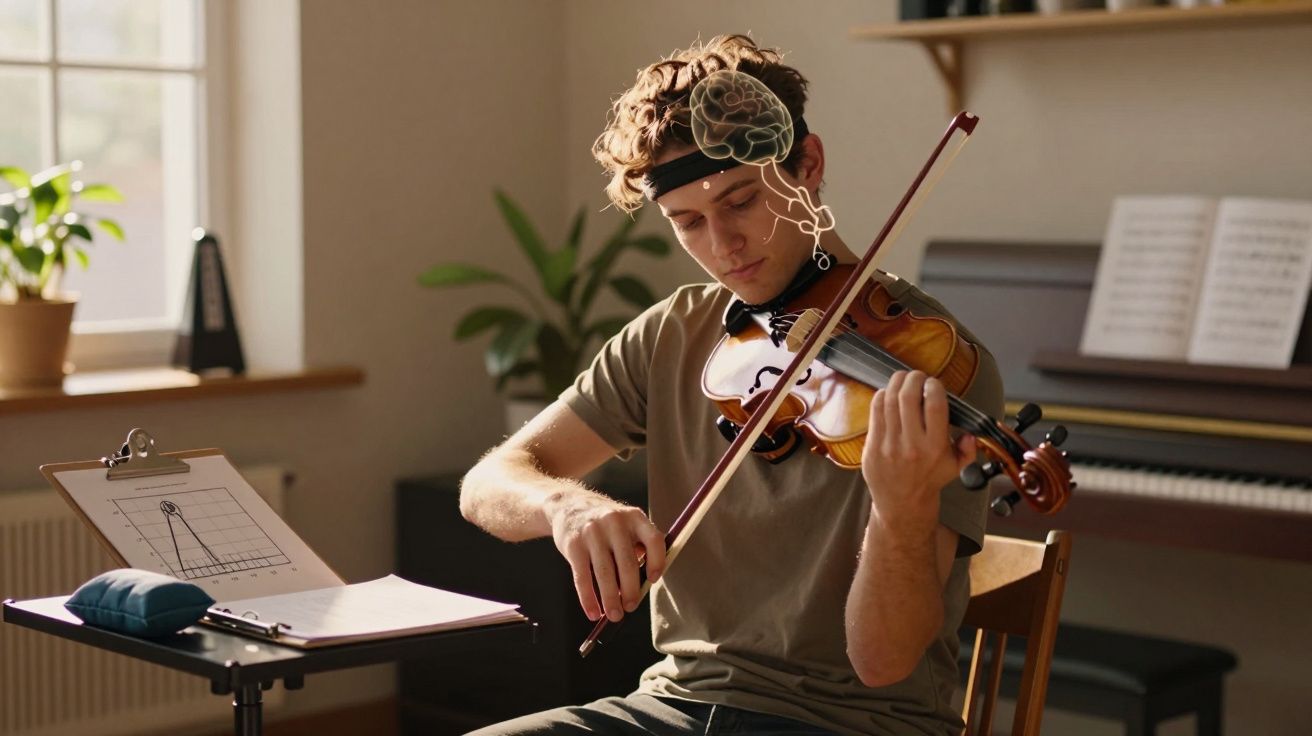 Jovem tocando violino com faixa de monitoramento cerebral sentado em sala iluminada por janela.