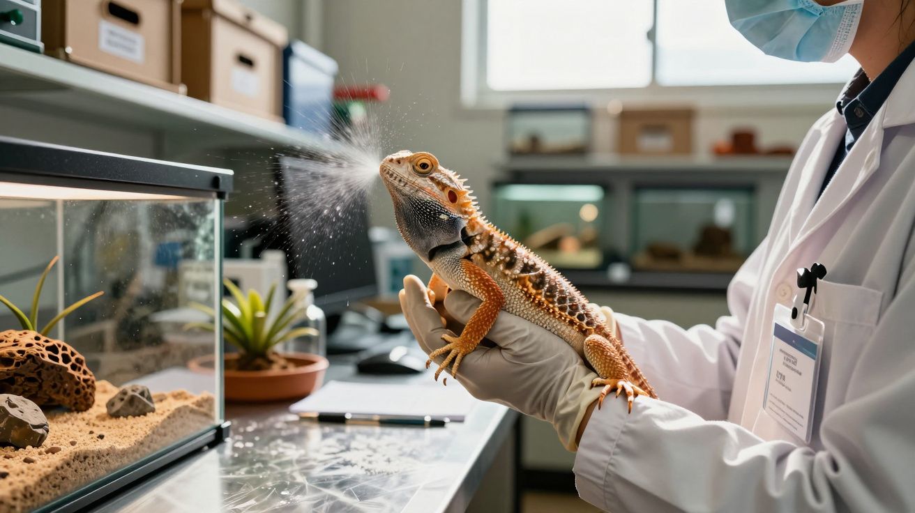 Pessoa com jaleco e luvas borrifando água em um dragão barbudo em laboratório.