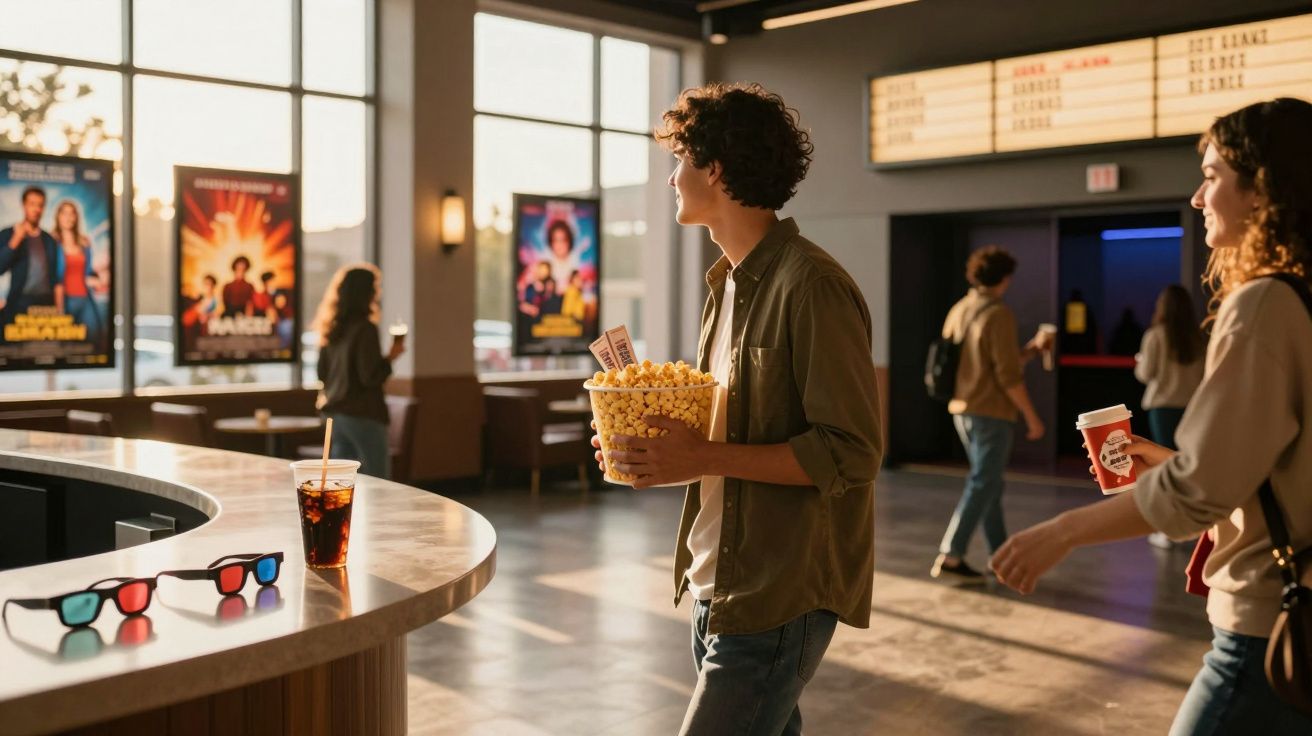 Jovens segurando pipoca e ingressos em saguão de cinema com 3D e bebidas no balcão.