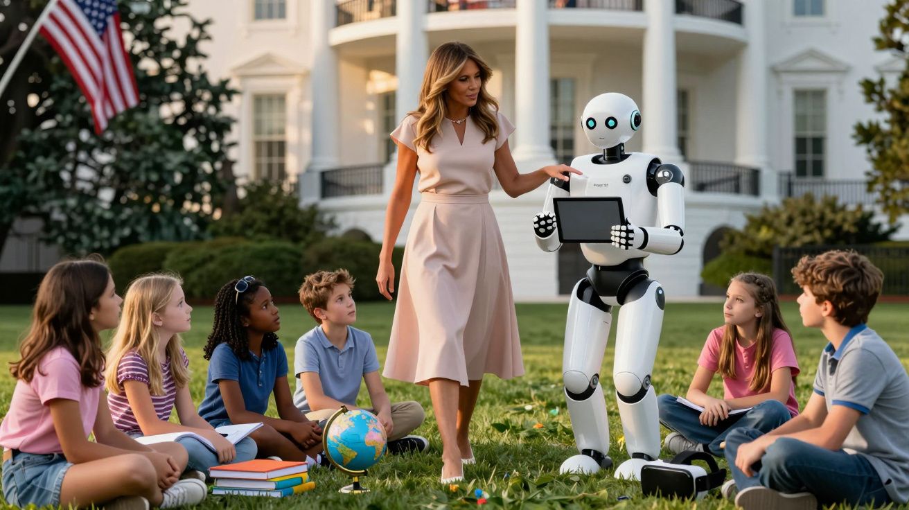 Mulher e robô com tablet ensinam crianças sentadas na grama em frente a prédio branco com bandeira dos EUA.