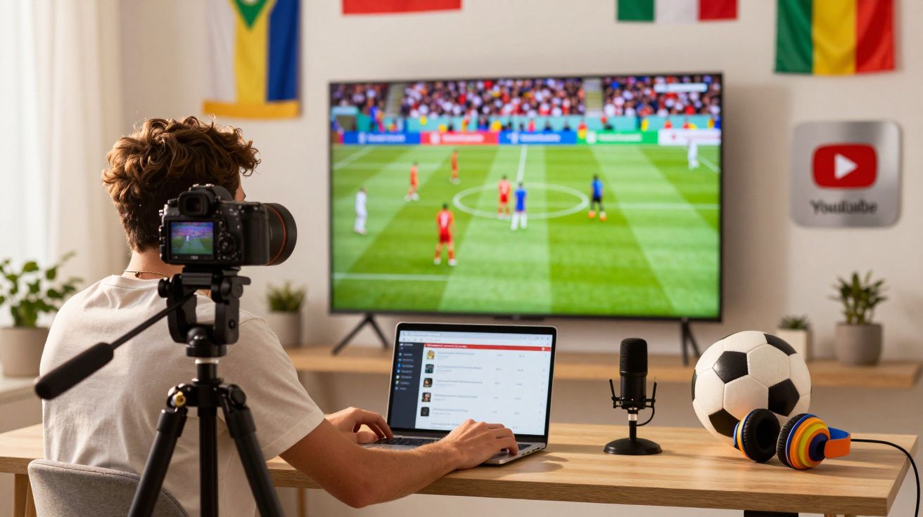 Jovem grava vídeo sobre futebol com câmera, notebook, microfone e bola em mesa, enquanto jogo passa na TV.