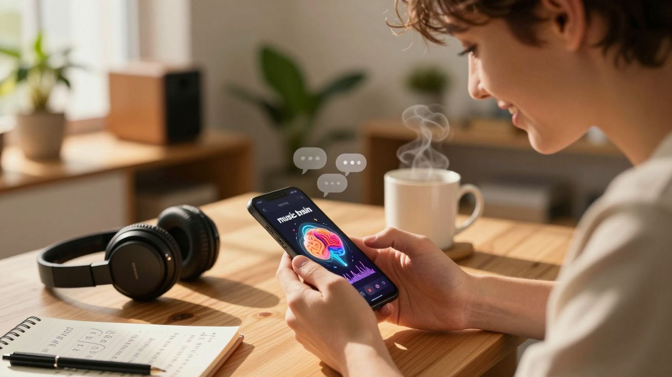 Pessoa sorridente segurando celular com app de música ativando o cérebro, fones, caderno e caneca na mesa.
