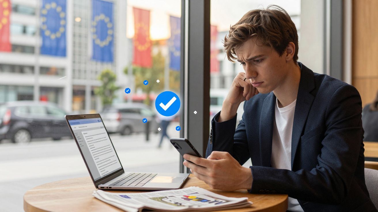 Jovem sentado em cafeteria olhando o celular, com laptop aberto e jornal sobre a mesa.
