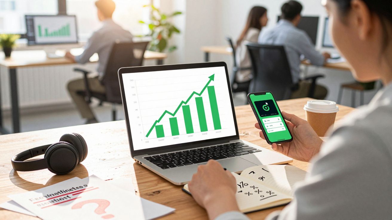 Pessoa usando computador com gráfico crescente e celular com aplicativo de finanças em escritório moderno.