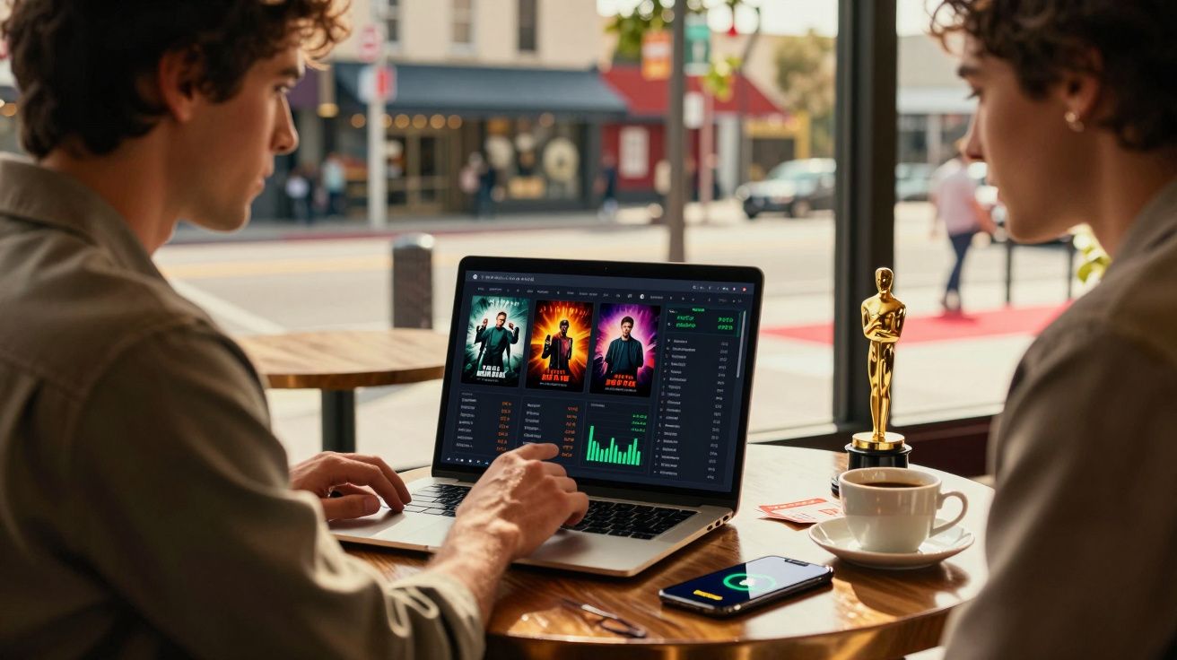 Duas pessoas analisam dados de filmes em um laptop em cafeteria com troféu dourado e xícara de café na mesa.